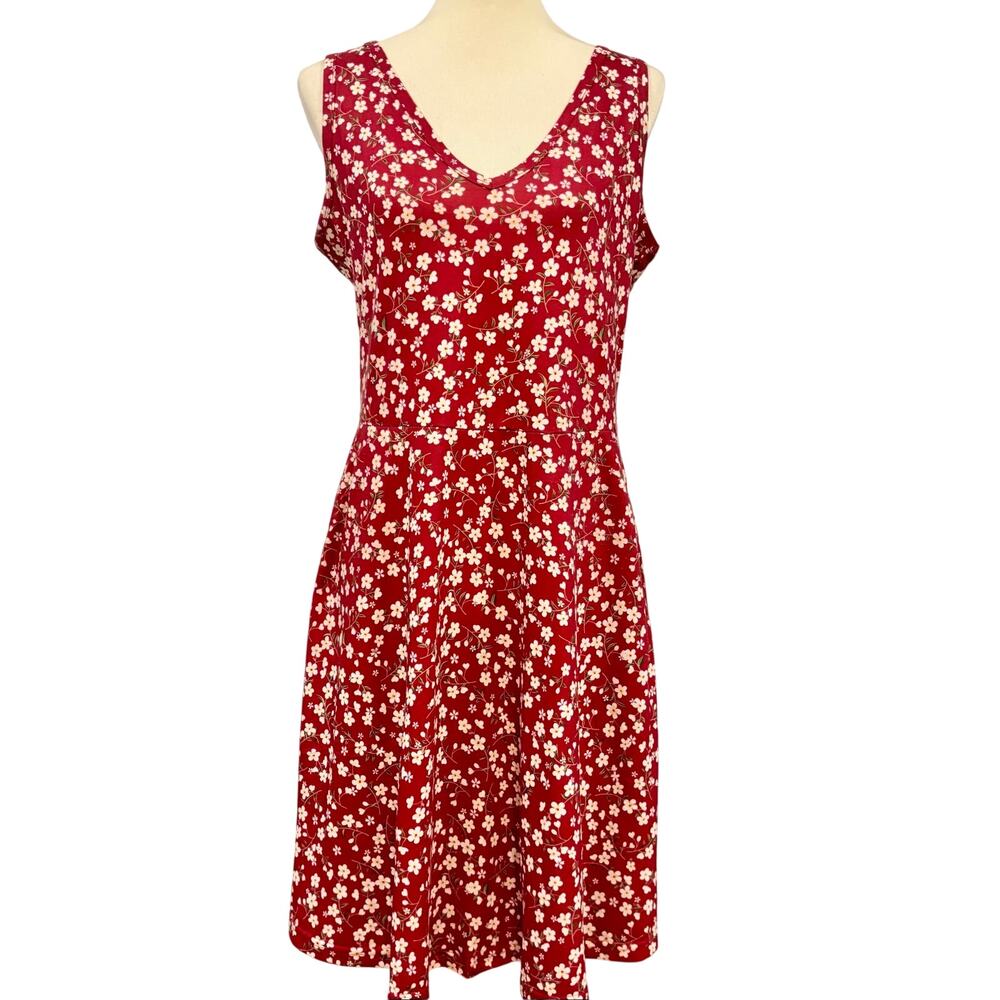 Maroon Floral V-Neck Dress A-Line Pocket Cottagecore Boho Stretchy Tank Midi, L